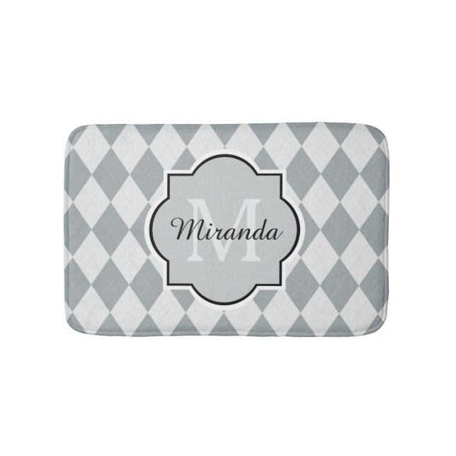 Preppy Soft Grey Argyle Girly Monogram and Name Bath Mat (Front)