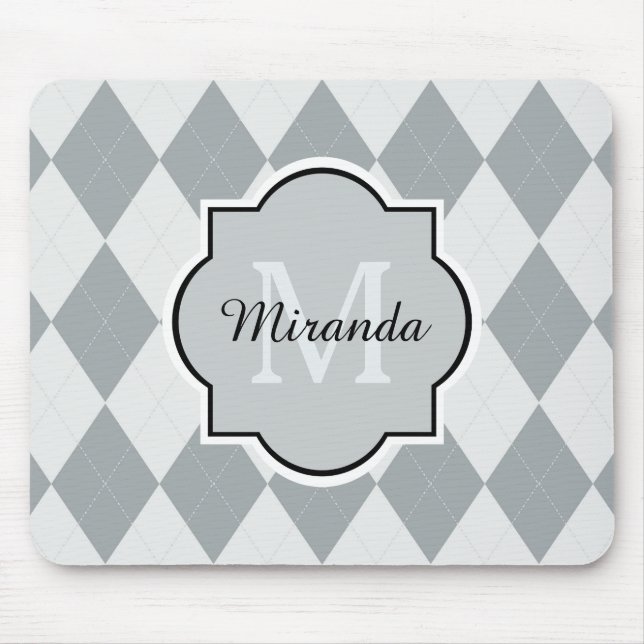 Preppy Soft Grey Argyle Girly Monogram and Name Mouse Pad (Front)