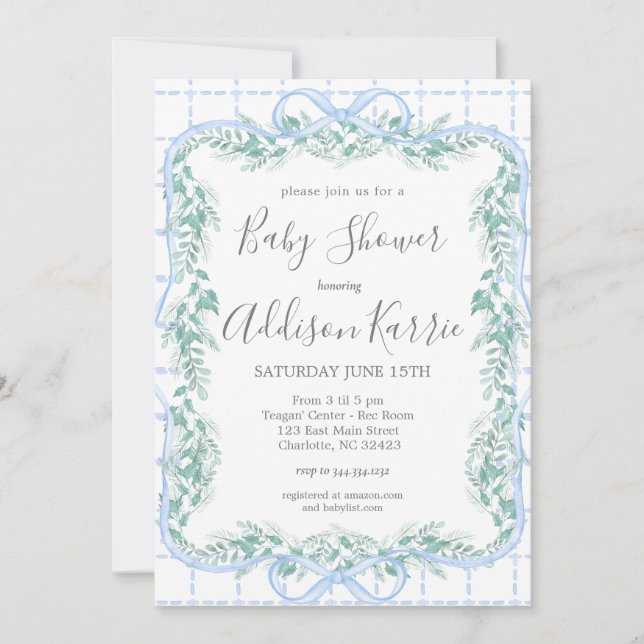 Preppy Southern baby shower, blue bow Baby Shower, Invitation (Front)