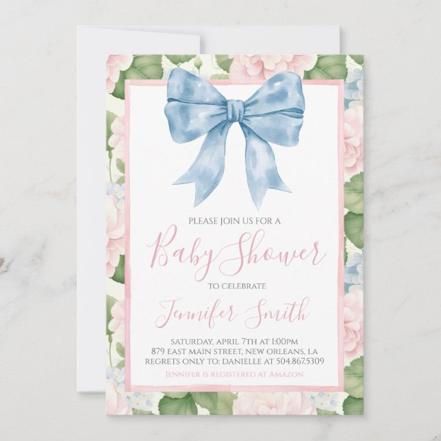 Preppy Southern Blue Bow Girl Baby Shower Invitation (Front)