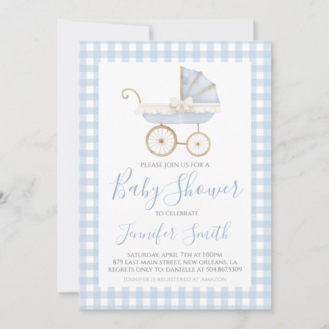 Preppy Southern Blue Boy Carriage Baby Shower Invitation (Front)