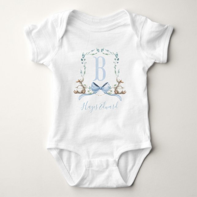 Preppy Southern Blue Boy Duck Baby Shower Baby Bodysuit (Front)