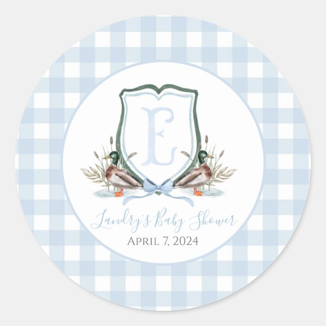 Preppy Southern Blue Boy Duck Baby Shower Classic Round Sticker (Front)