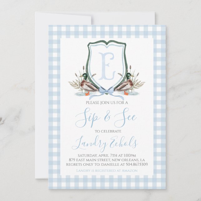 Preppy Southern Blue Boy Duck Baby Sip & See Invitation (Front)
