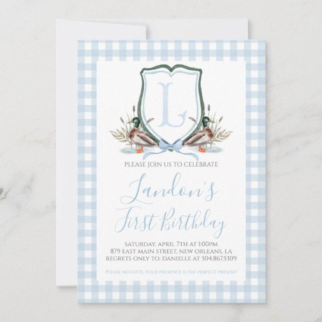 Preppy Southern Blue Boy Duck first Birthday Invitation (Front)