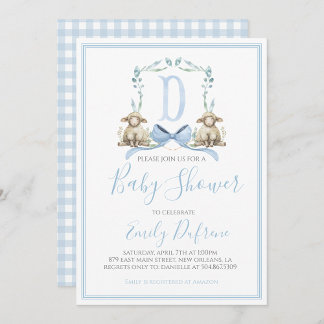 Preppy Southern Blue Boy Lamb Baby Shower Invitation