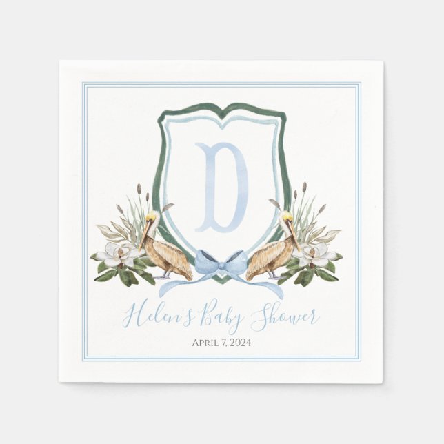 Preppy Southern Blue Boy Pelican Baby Shower Napkin (Front)