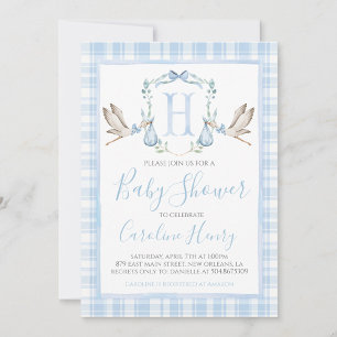 Preppy Southern Blue Boy Stork Baby Shower Invitation