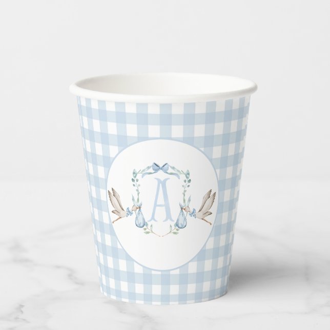 Preppy Southern Blue Boy Stork Baby Shower Paper Cups (Front)