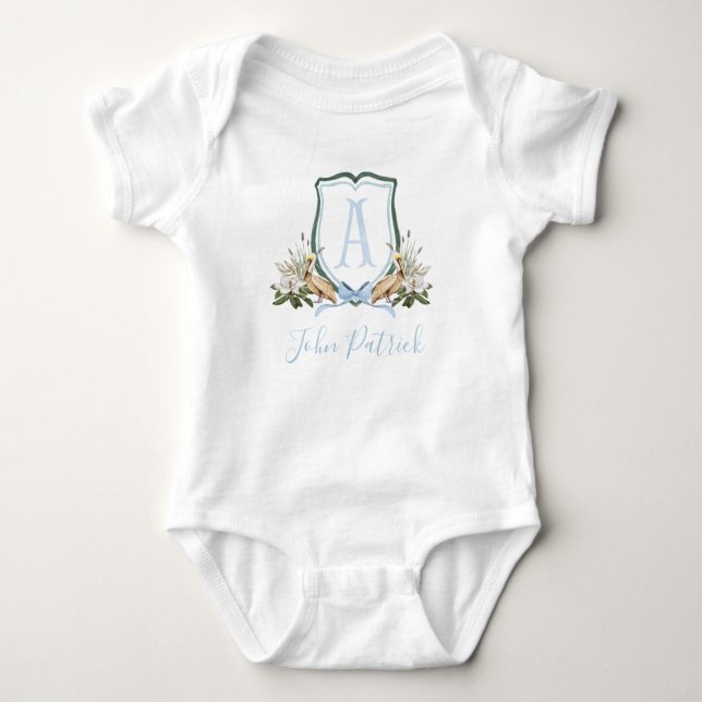 Preppy Southern Blue Pelican Boy Baby Shower Baby Bodysuit (Front)