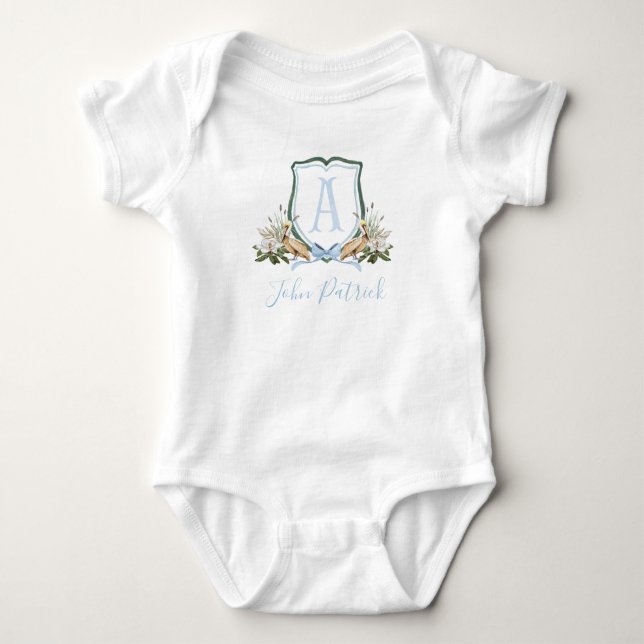 Preppy Southern Blue Pelican Boy Baby Shower Bodysuit (Front)