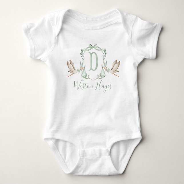 Preppy Southern Green Stork Boy Baby Shower Bodysuit (Front)