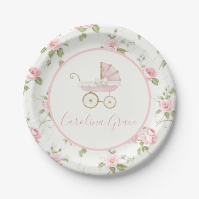 Preppy Southern Pink Floral Girl Baby Shower Paper Plate (Front)
