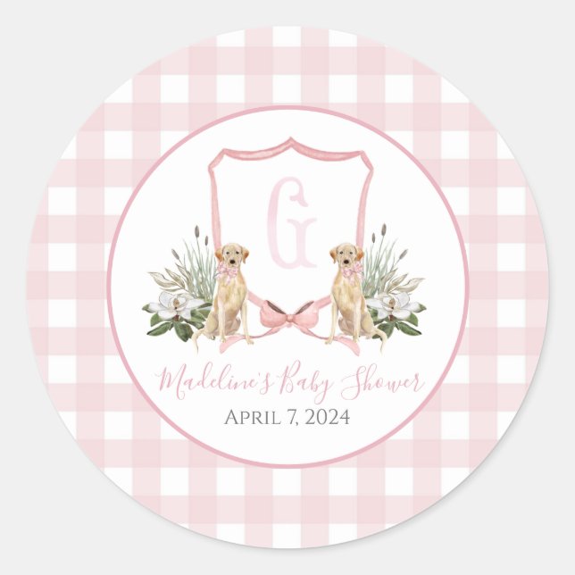 Preppy Southern Pink Girl Dog Baby Shower Classic Round Sticker (Front)