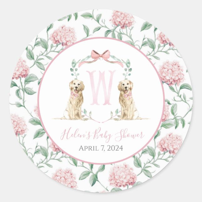 Preppy Southern Pink Girl Dog Baby Shower Classic Round Sticker (Front)