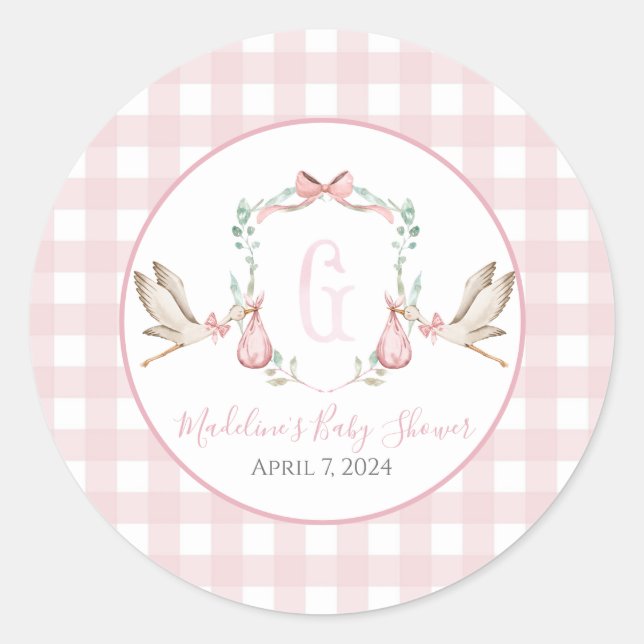 Preppy Southern Pink Girl Stork Baby Shower Classic Round Sticker (Front)