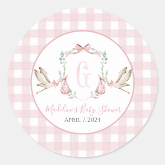Preppy Southern Pink Girl Stork Baby Shower Classic Round Sticker