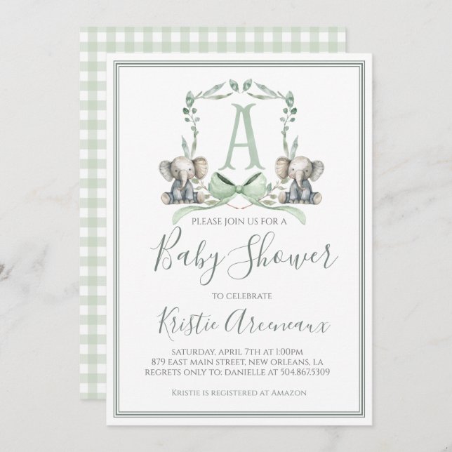 Preppy Southern Sage Boy Elephant Baby Shower Invitation (Front/Back)