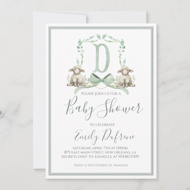 Preppy Southern Sage Boy Lamb Baby Shower Invitation (Front)