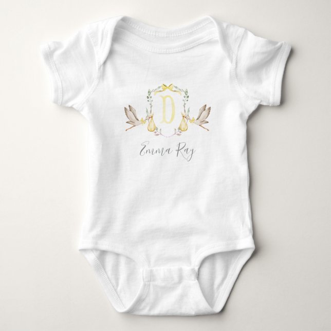 Preppy Southern Yellow Stork Girl Baby Shower Bodysuit (Front)