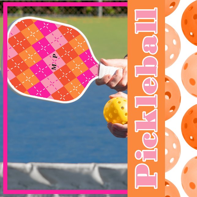 Preppy Sporty Pink and Orange Argyle Personalised Pickleball Paddle (Creator Uploaded)