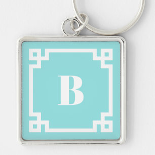 Preppy Square Greek Key Border Aqua Blue Monogram Ring