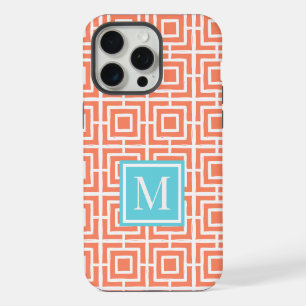 Preppy Square Lattice Monogram Coral & Turqouise iPhone 15 Pro Max Case