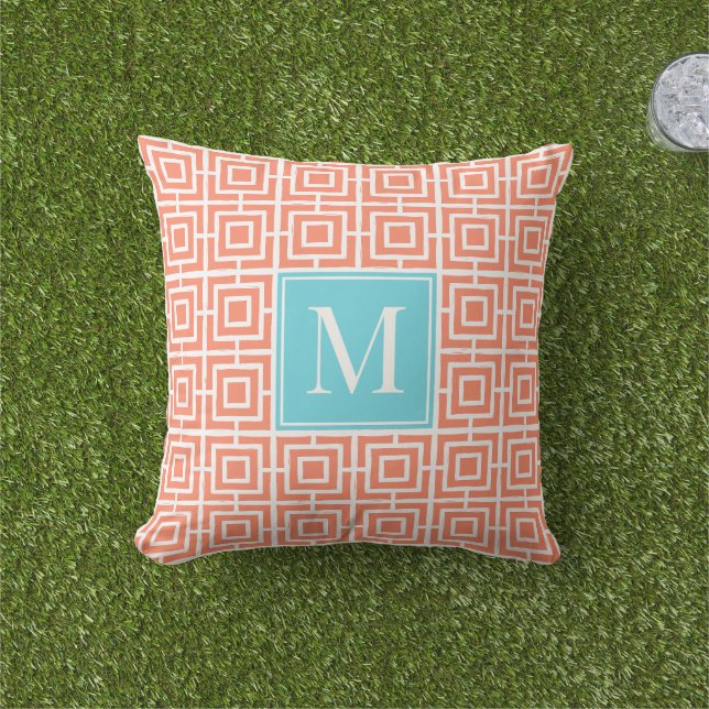 Preppy Square Lattice Monogram - Coral & Turquoise Cushion (Grass)