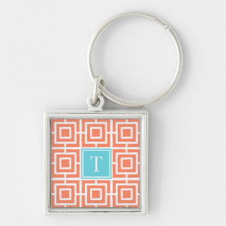 Preppy Square Lattice Monogram - Coral & Turquoise Key Ring