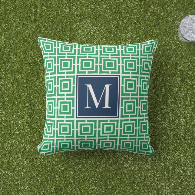 Preppy Square Lattice Monogram – Green & Navy Cushion (Grass)