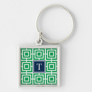 Preppy Square Lattice Monogram - Green & Navy Key Ring