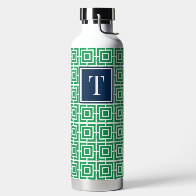 Preppy Square Lattice Monogram - Green & Navy Water Bottle (Left)