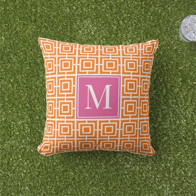 Preppy Square Lattice Monogram Hot Pink & Orange Cushion (Grass)
