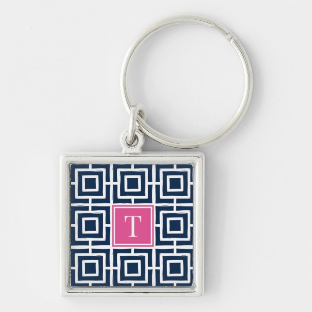 Preppy Square Lattice Monogram  - Navy & Hot Pink Key Ring (Front)