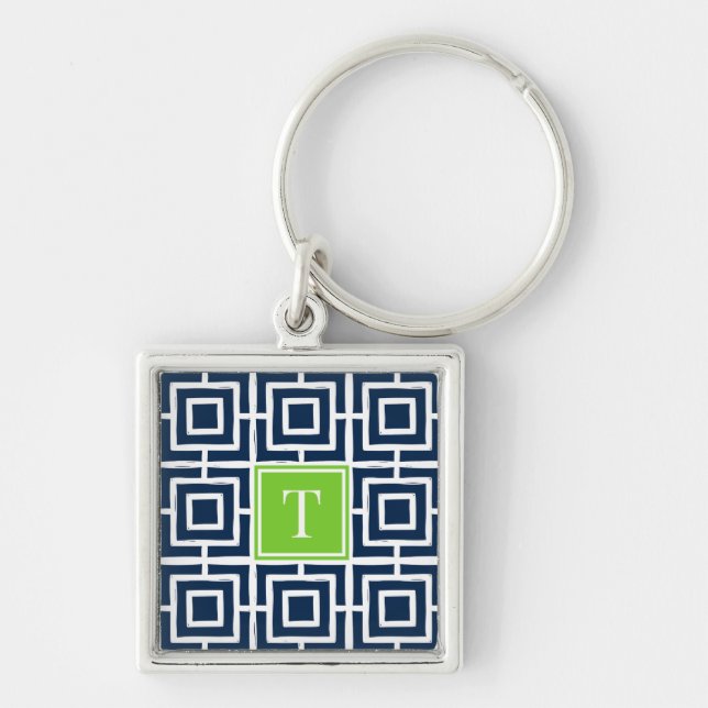 Preppy Square Lattice Monogram  - Navy & Lime Key Ring (Front)