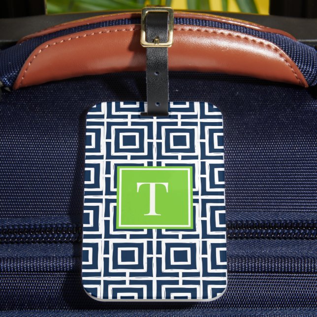 Preppy Square Lattice Monogram – Navy & Lime Luggage Tag (Front Insitu 2)