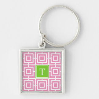 Preppy Square Lattice Monogram  - Pink & Lime Key Ring