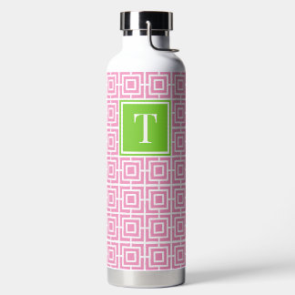 Preppy Square Lattice Monogram – Pink & Lime Water Bottle