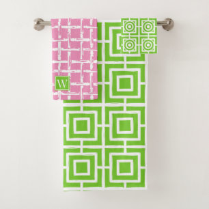Preppy Square Lattice - Pink & Lime Green Monogram Bath Towel Set