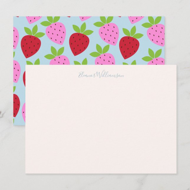 Preppy Strawberry Blue Personalised Stationery Card (Front/Back)