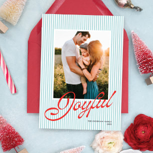 Preppy Stripe Lt. Blue Red Retro Christmas Photo Holiday Card