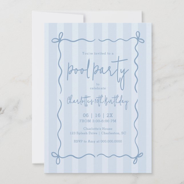 Preppy Stripe Pool Party Birthday Invitation (Front)