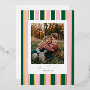 Preppy Striped Christmas Photo Gold Pink Green