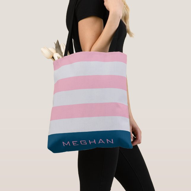 Preppy Striped Pastel Blush Monogram Tote Bag (Close Up)