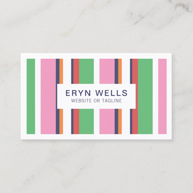 Preppy Striped Pink Cute Modern Business Card (Front)