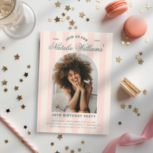 Preppy Stripes 30th Birthday Party Photo Pink Invitation