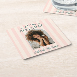 Preppy Stripes 30th Birthday Party Welcome Photo  Square Paper Coaster