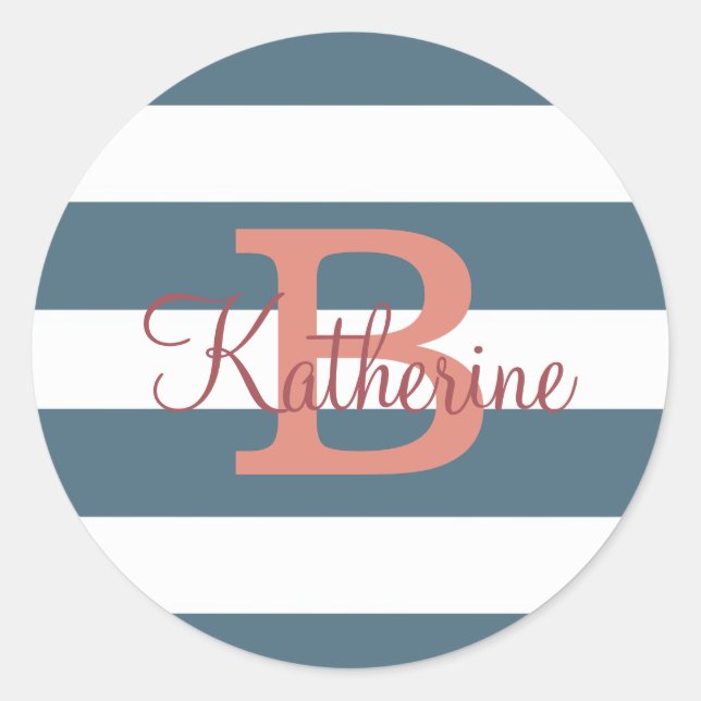 Preppy stripes blue and coral monogram sticker (Front)