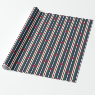 Preppy Stripes Burgundy Bow Christmas Wrapping Paper