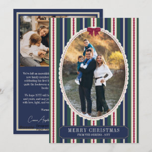 Preppy Stripes Burgundy Bow Photo Merry Christmas Holiday Card